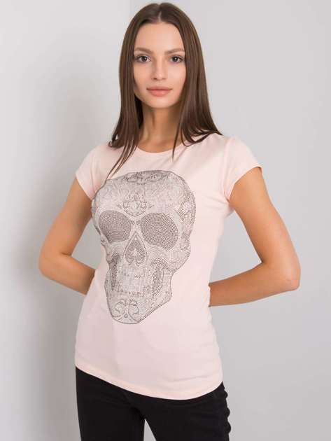 Jasnoróżowy t-shirt z aplikacją Skull
                             zdj. 
                            1