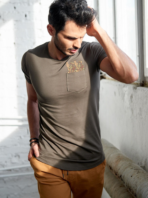 Khaki t-shirt męski z haftem