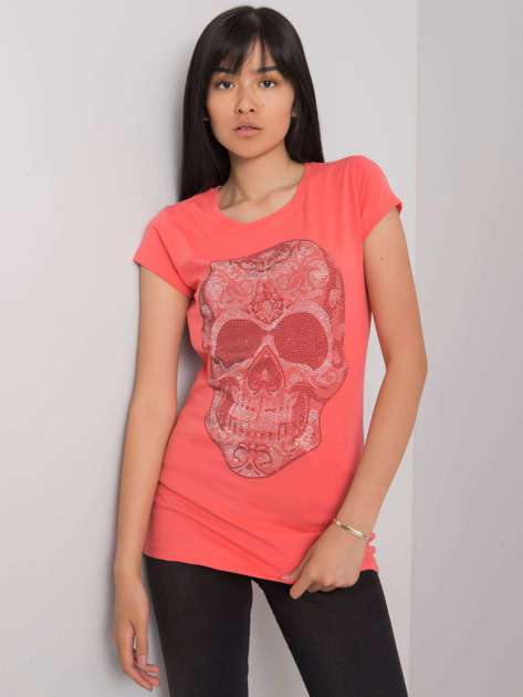 Koralowy t-shirt z aplikacją Skull