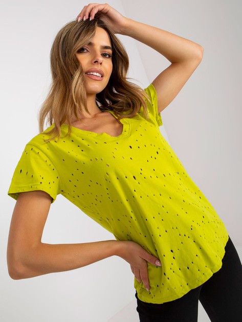Limonkowy bawełniany t-shirt z dziurami 
                             zdj. 
                            1