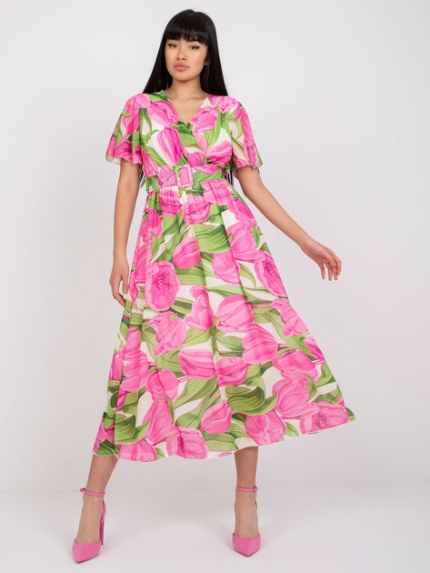 Różowo-zielona sukienka w kwiaty z kopertowym dekoltem 