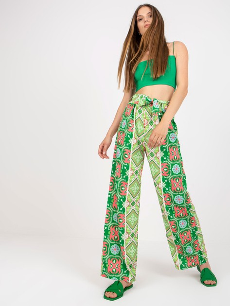 Zielone wzorzyste spodnie z materiału z szeroką nogawką 