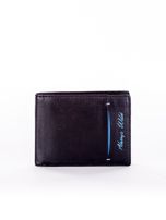 Czarny skórzany portfel z niebieski napisem