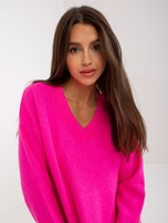 Hurtownia Fluo różowy damski sweter z dekoltem w serek RUE PARIS 
                                 zdj. 
                                2