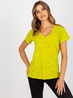 Limonkowy bawełniany t-shirt z dziurami 
                                 zdj. 
                                2