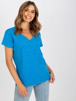 Niebieski jednokolorowy t-shirt z bawełny 
                                 zdj. 
                                2