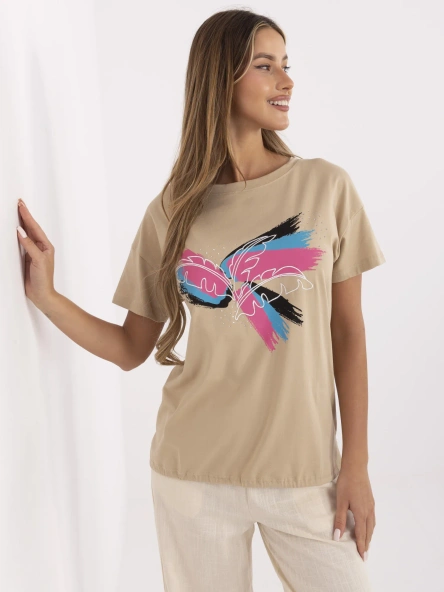 Camelowy damski t-shirt z okrągłym dekoltem 
