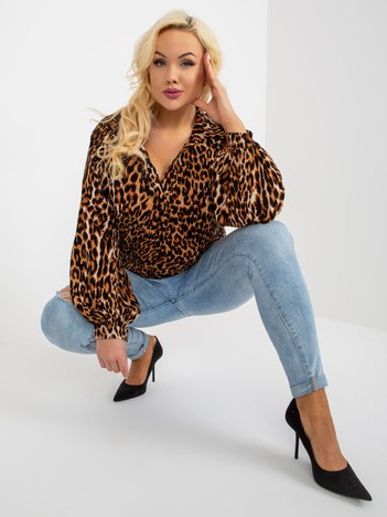 Hurt Jasnobrązowo-czarna koszulowa bluzka plus size w panterkę