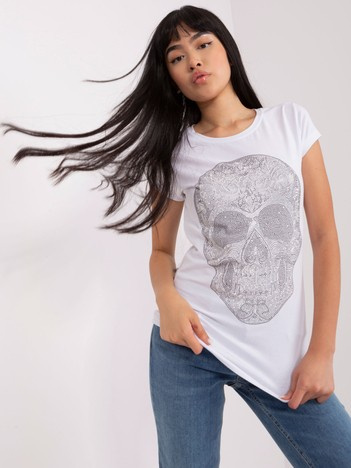 Hurt Biały damski t-shirt z aplikacją z dżetów 