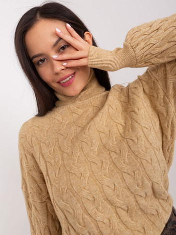 Hurt Camelowy damski sweter z golfem w warkocze