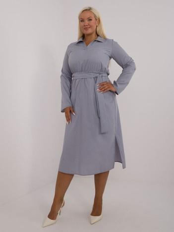 Hurt Szara bawełniana sukienka plus size z kieszeniami i paskiem
