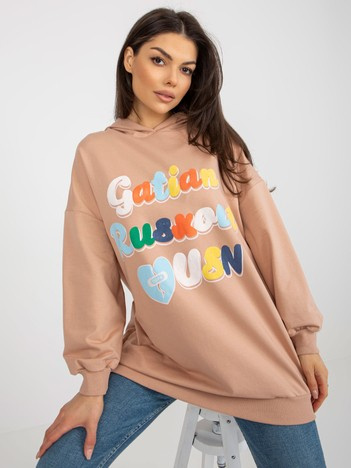 Hurt Camelowa oversize bluza z nadrukiem i kapturem