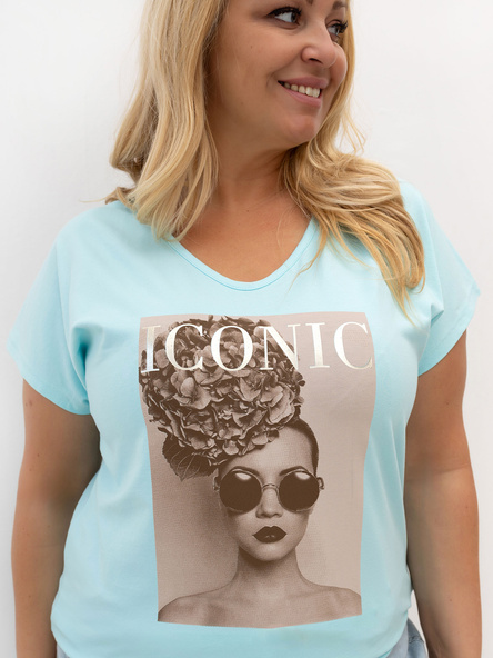 Menta bombažna majica plus size z vzorcem.