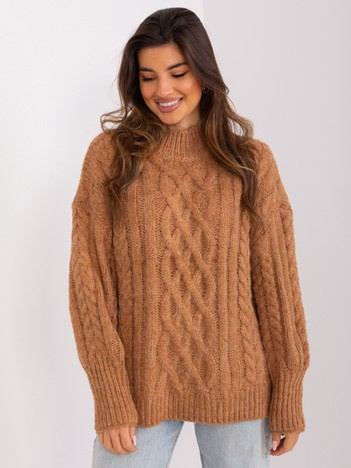 Hurt Camelowy sweter z warkoczami i ściągaczami 