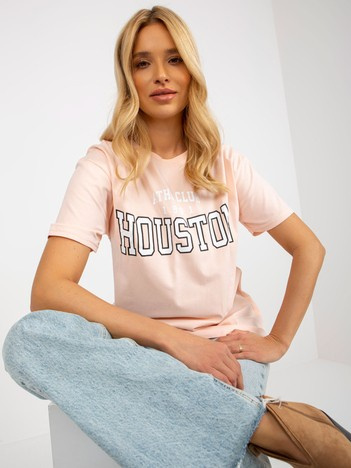 Hurt Jasnobrzoskwiniowy damski luźny t-shirt z nadrukiem 