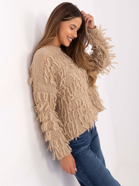 Beżowy damski sweter w stylu boho RUE PARIS 