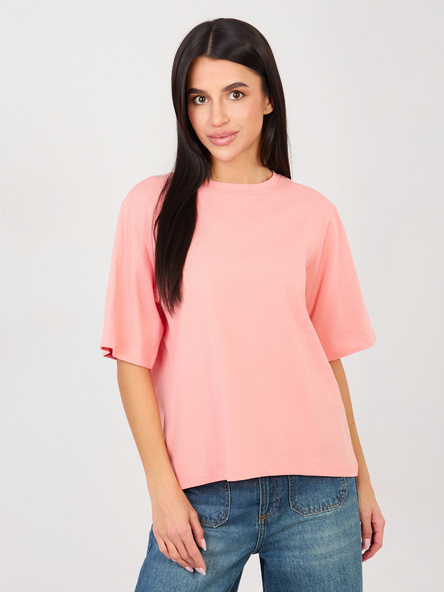 Brzoskwiniowy t-shirt basic z okrągłym dekoltem RUE PARIS 